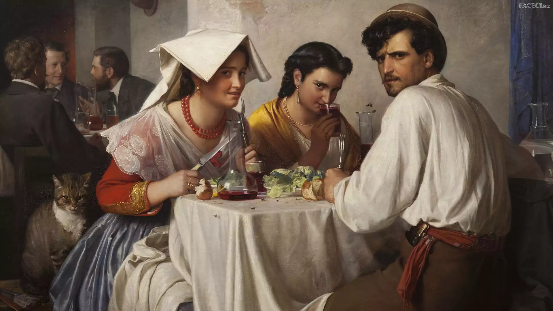 Dwie, Jedzenie, Mężczyźni, Stolik, Malarstwo, Obraz, Kot, Restauracja, Carl Bloch, Kobiety